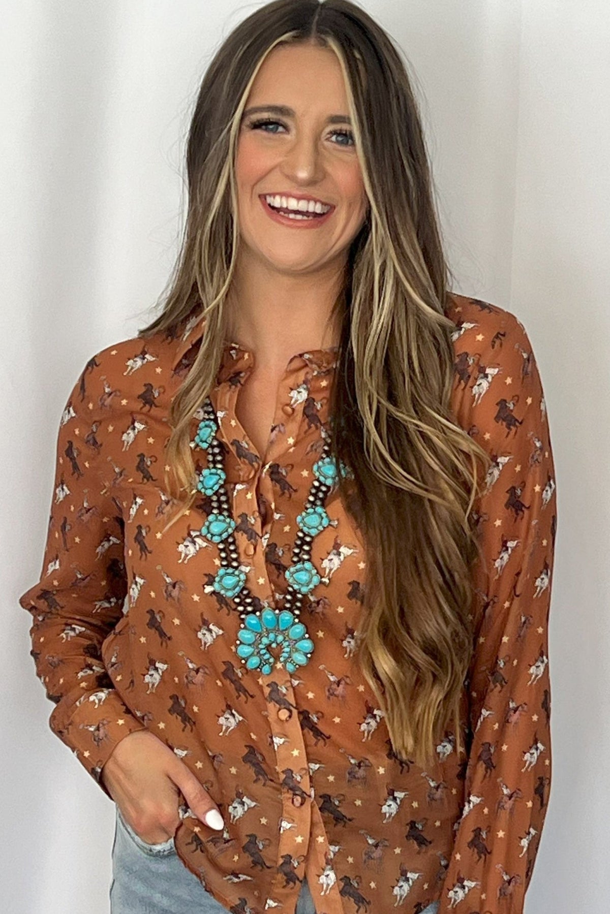 Western Double-Strand Turquoise Squash Blossom Statement Necklace