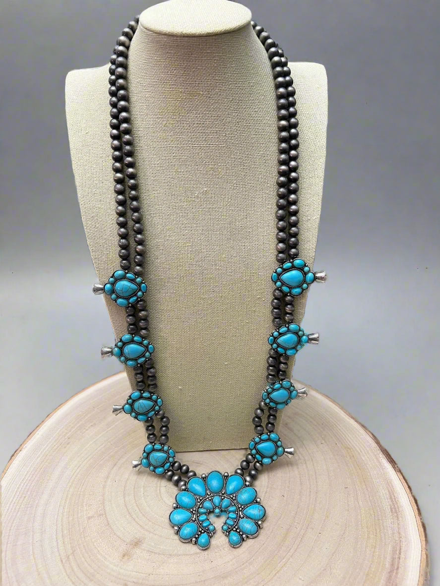 Western Double-Strand Turquoise Squash Blossom Statement Necklace