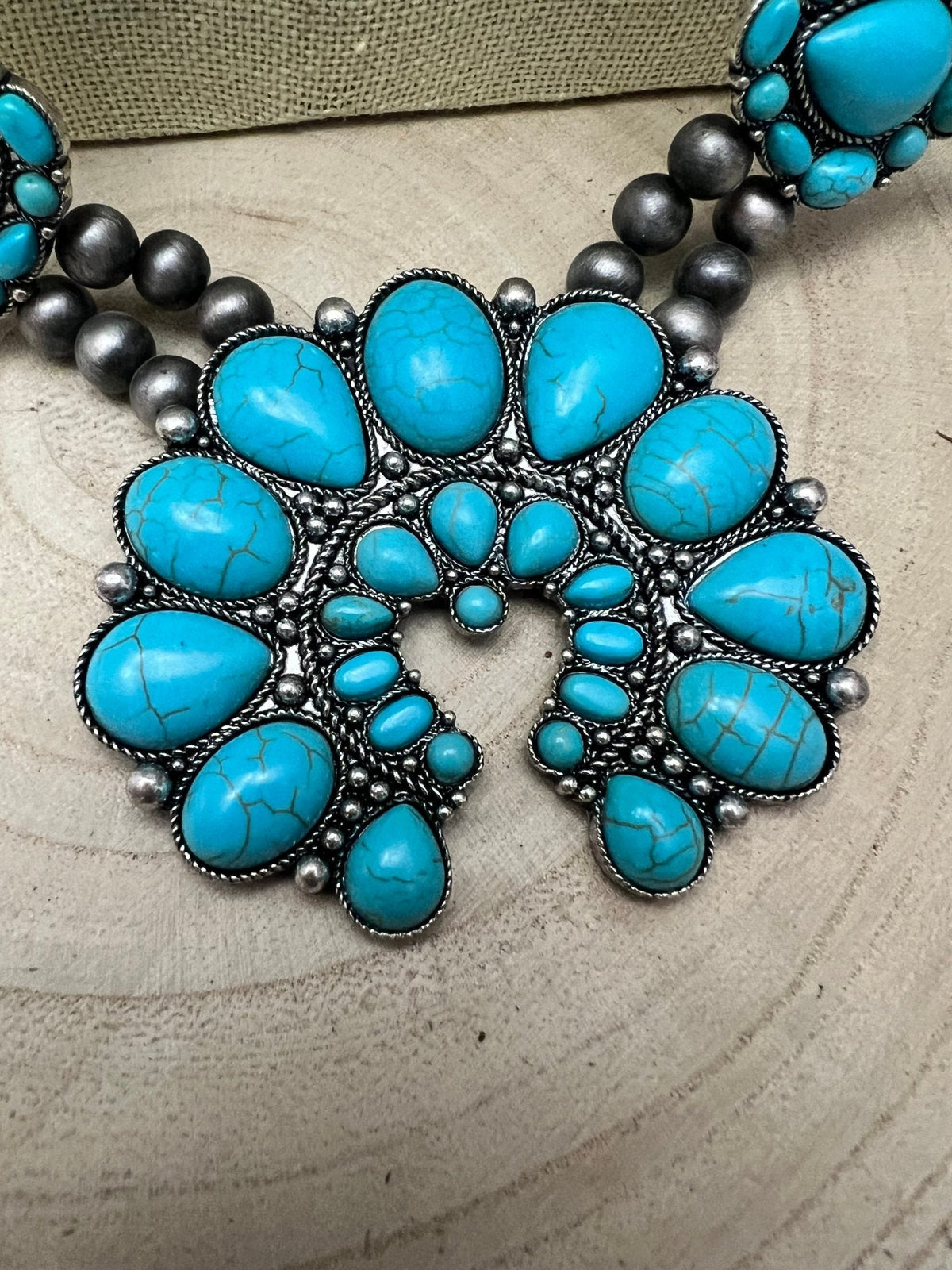 Western Double-Strand Turquoise Squash Blossom Statement Necklace