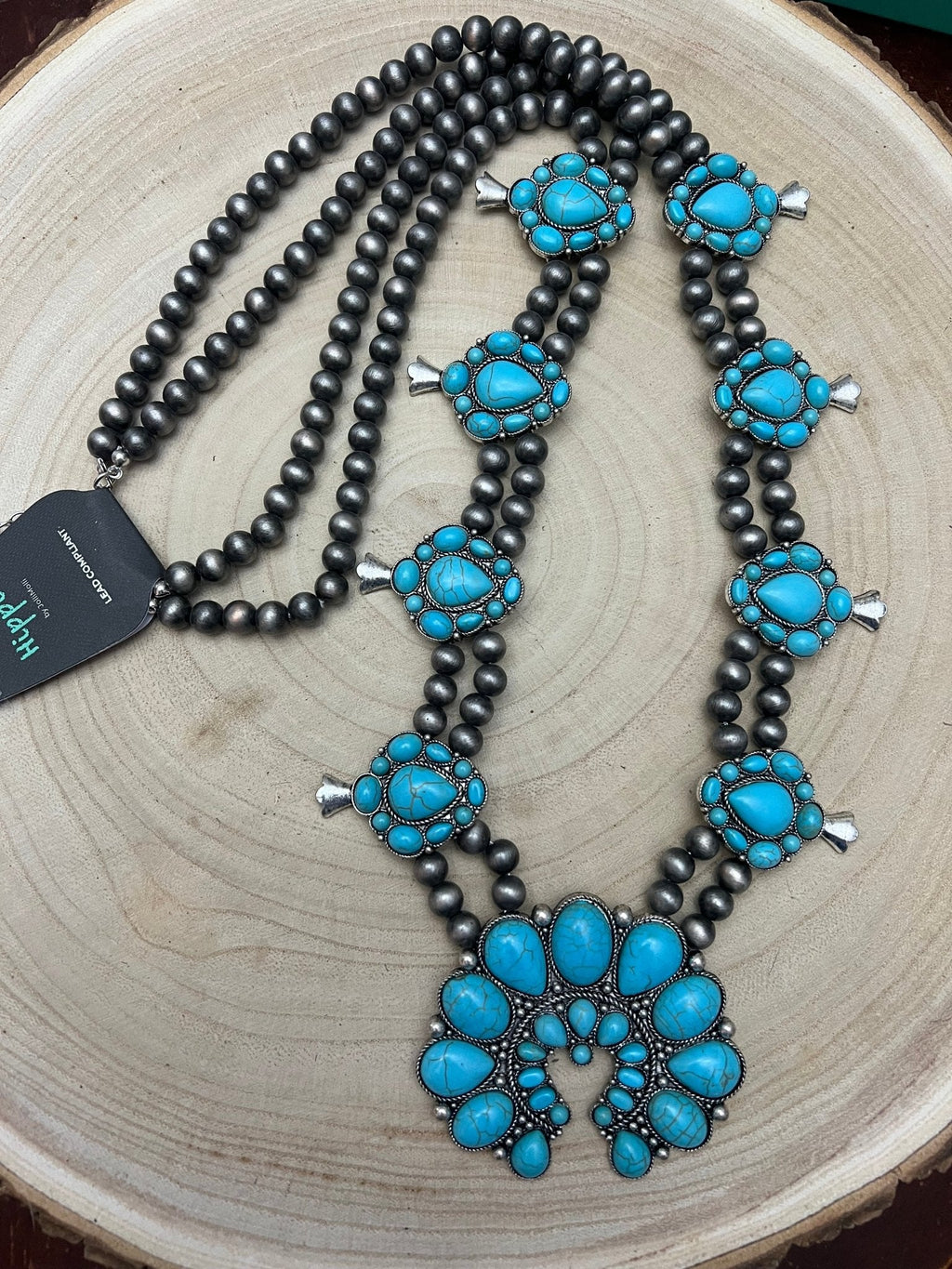 Western Double-Strand Turquoise Squash Blossom Statement Necklace