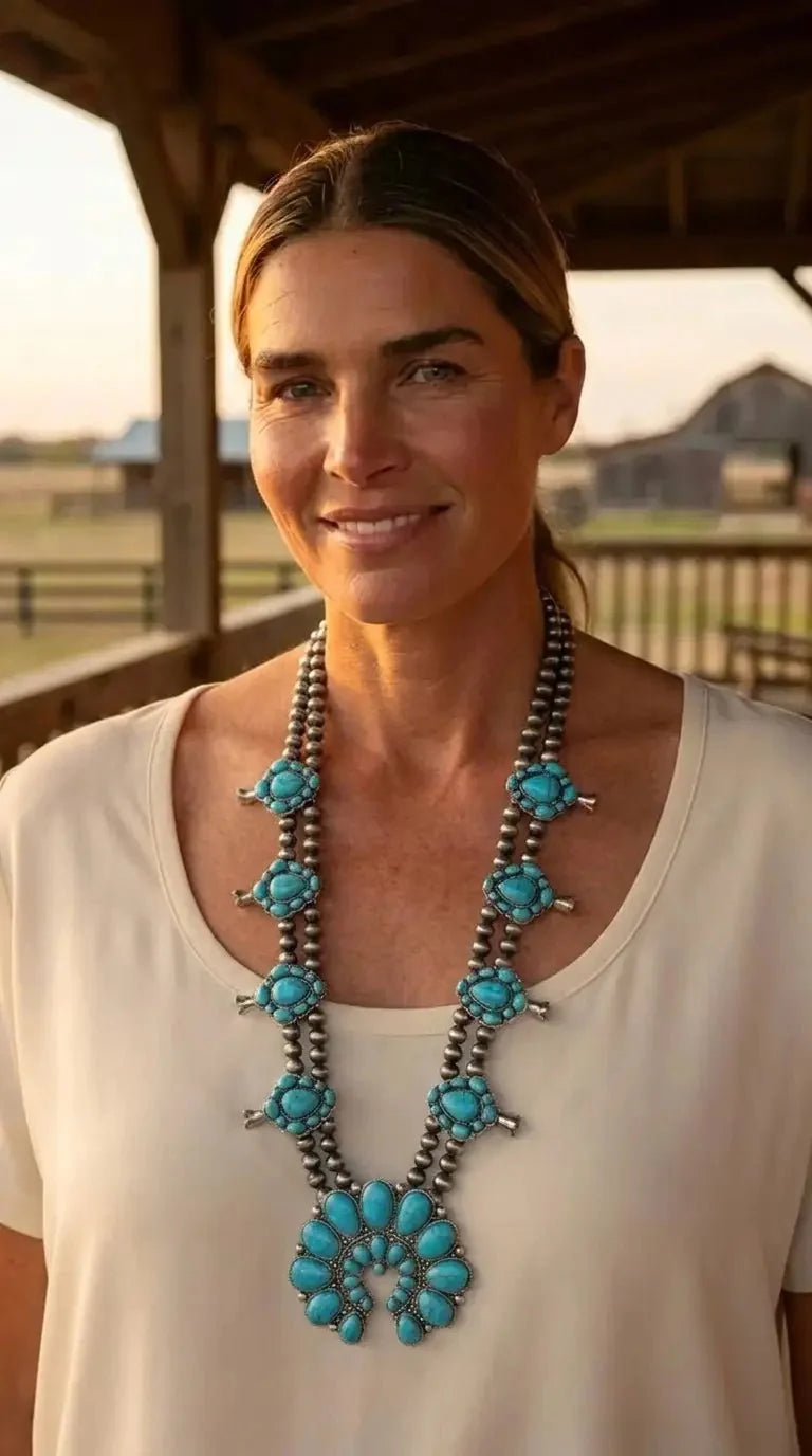 Western Double-Strand Turquoise Squash Blossom Statement Necklace