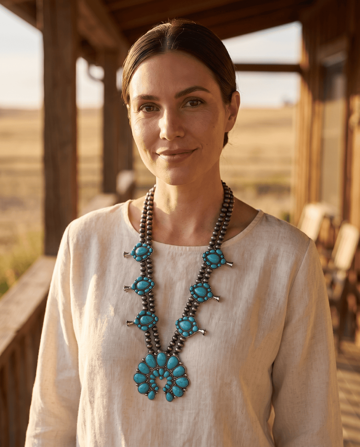 Western Double-Strand Turquoise Squash Blossom Statement Necklace